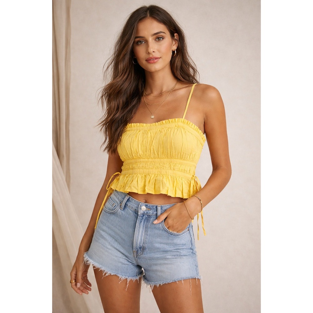 Free People Yellow Smocked Ruffle Crop Top